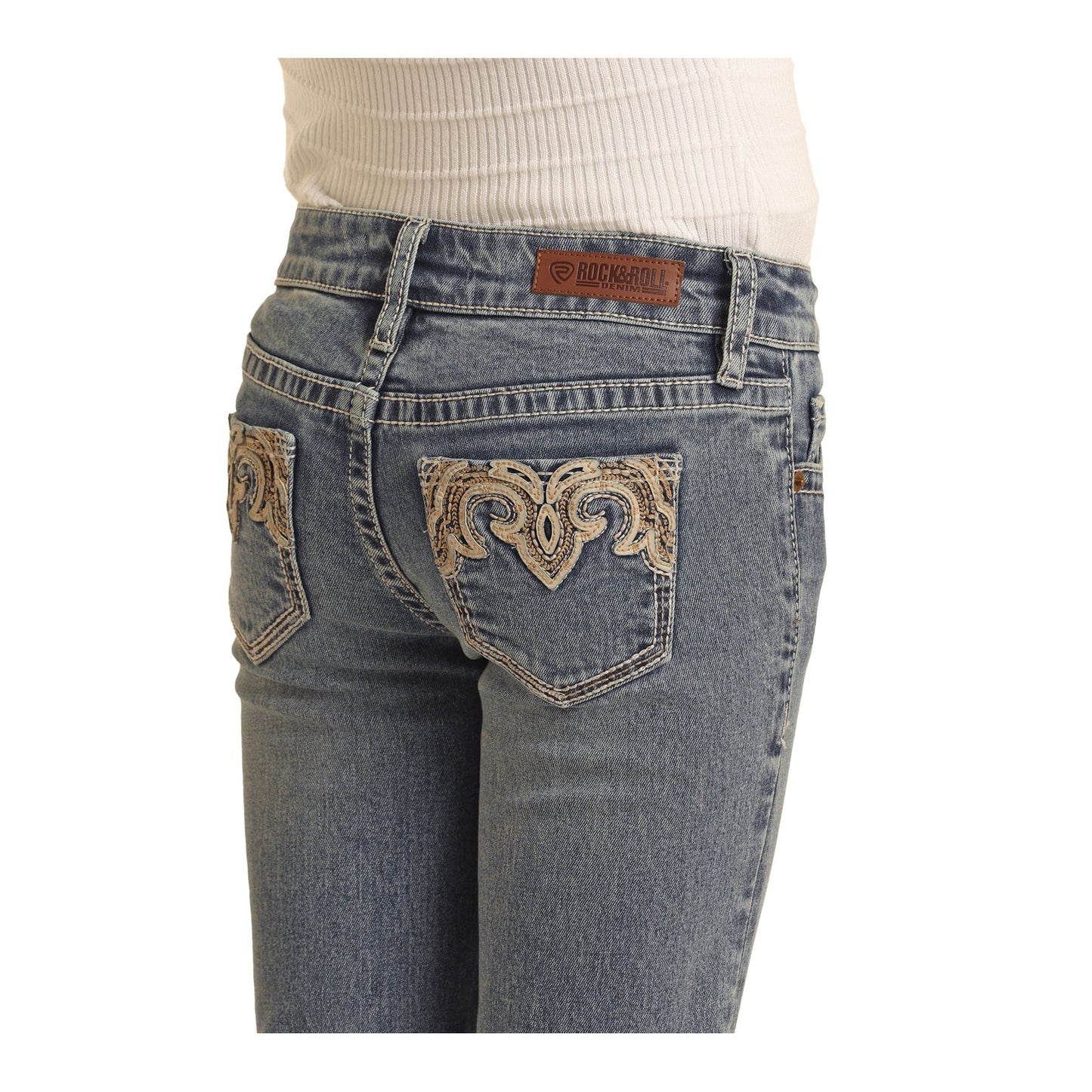 Rock & Roll Girl's Ivory Leather Embroidered Mid Rise Bootcut Jeans - Medium Vintage