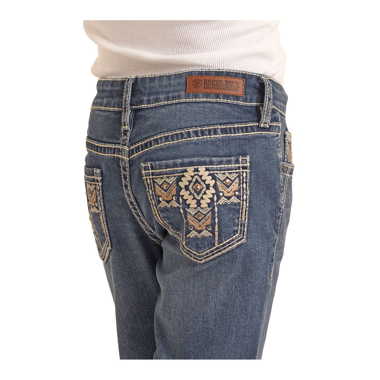Rock & Roll Girl's Aztec Embroidered Bootcut Jeans - Med Wash