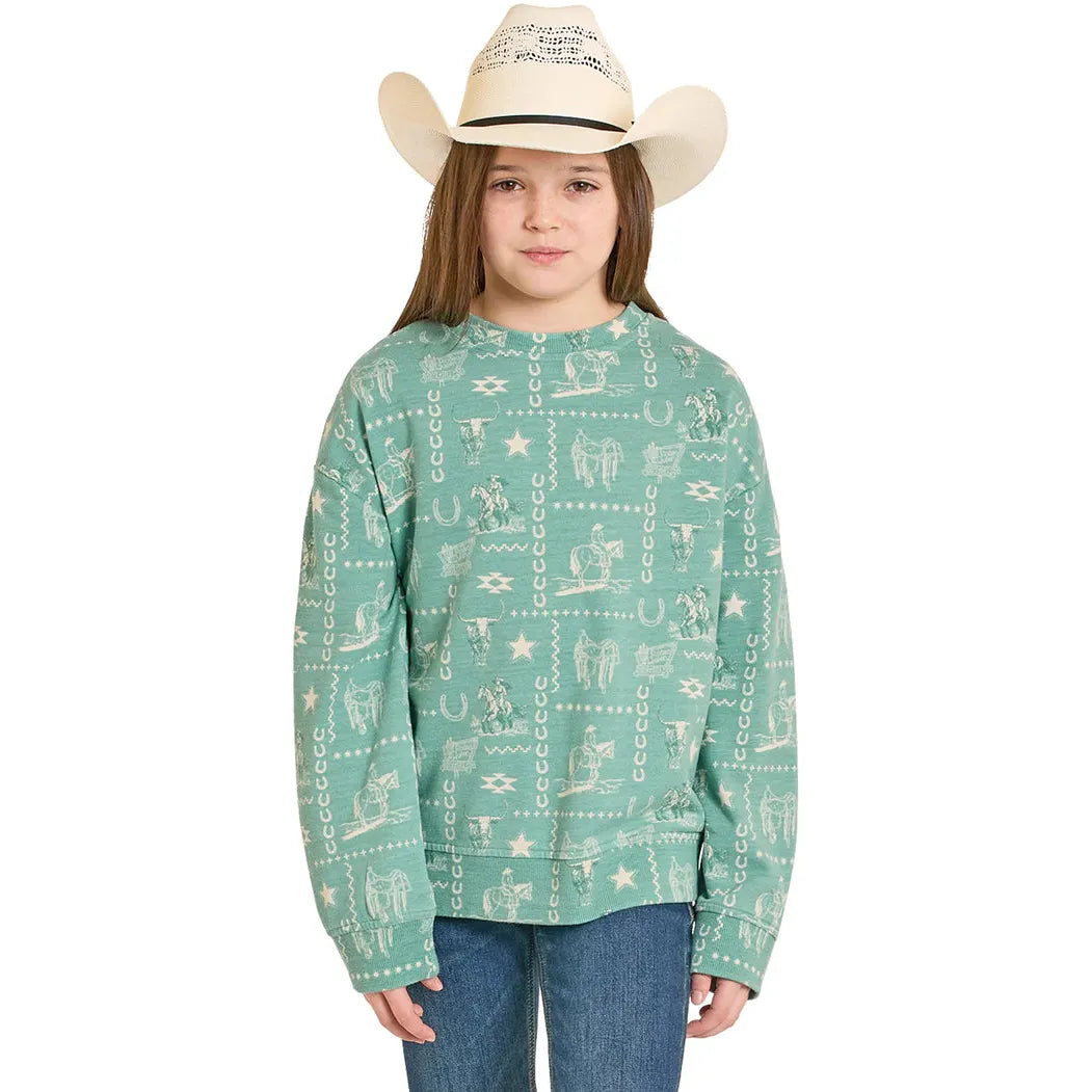 Rock & Roll Girls Conversational Western Pattern Graphic Print LS Pullover - Turquoise