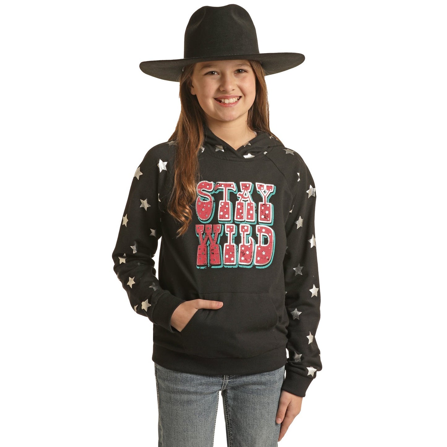 Rock & Roll Girl's Graphic Hoodie w/Stars - Black