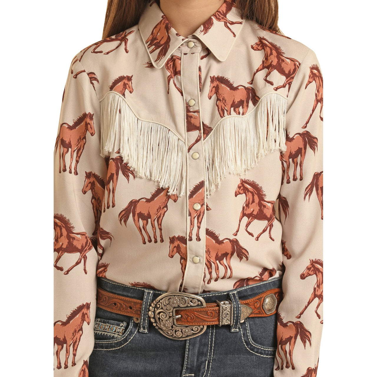 Rock & Roll Girl's Horse Print Snap Long Sleeve Shirt - Natural