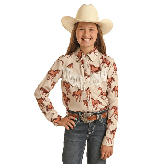 Rock & Roll Girl's Horse Print Snap Long Sleeve Shirt - Natural
