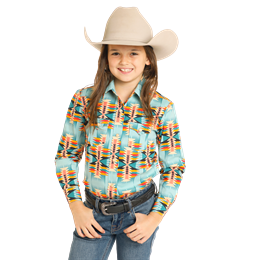 Rock & Roll Girl's Dale Brisby Aztec Print Snap Shirt - Teal