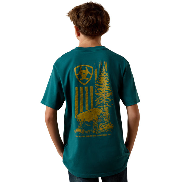 Ariat Boy's Bison Wander Flag Classic Fit Tee Shirt- Mediterranean