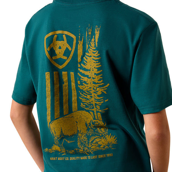 Ariat Boy's Bison Wander Flag Classic Fit Tee Shirt- Mediterranean
