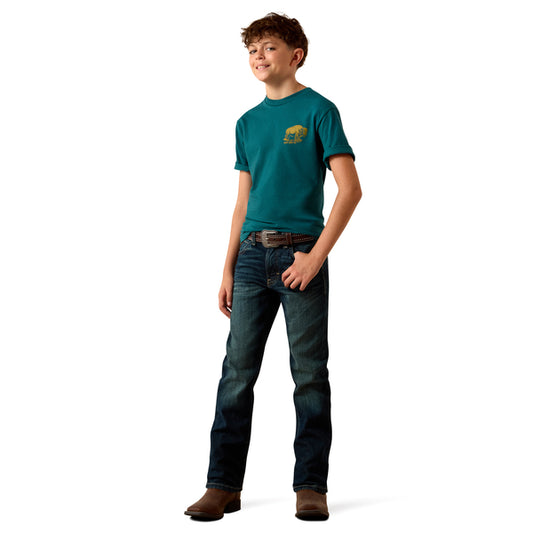 Ariat Boy's Bison Wander Flag Classic Fit Tee Shirt- Mediterranean