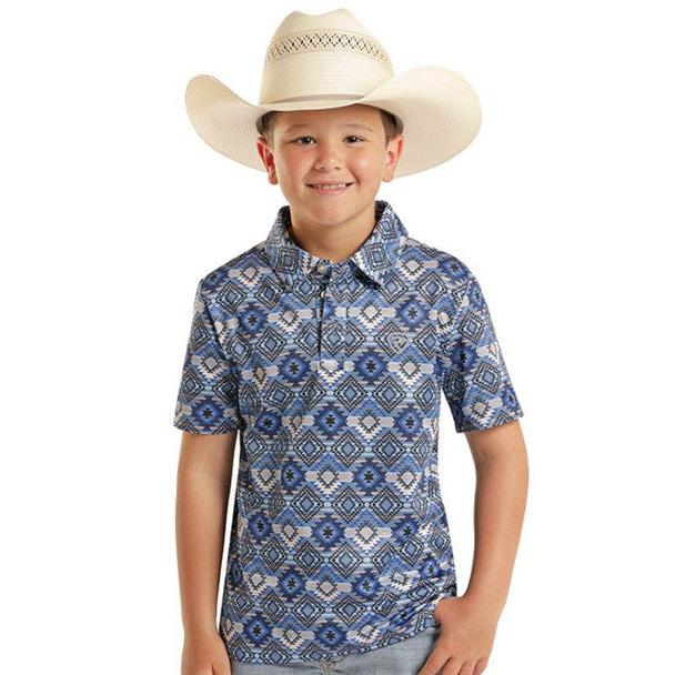 Rock & Roll Boy's Aztec Printed Short Sleeve Polo Shirt - Blue