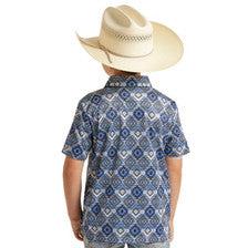 Rock & Roll Boy's Aztec Printed Short Sleeve Polo Shirt - Blue