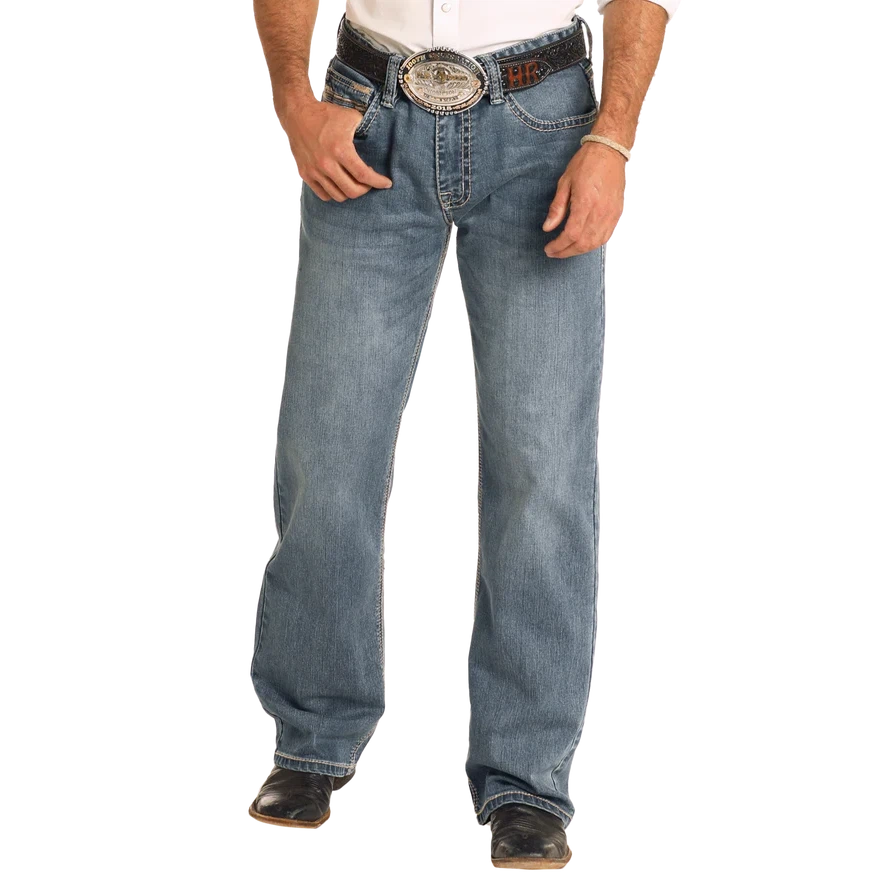 Rock & Roll Men's Relaxed Fit Straight Stitch Double Barrel Boot  Jean- Medium Wash