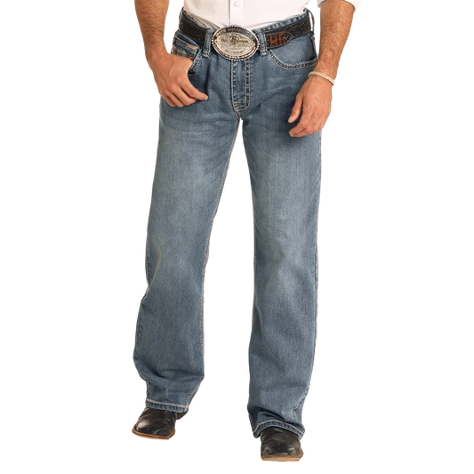 Rock & Roll Men's Relaxed Fit Straight Stitch Double Barrel Boot  Jean- Medium Wash