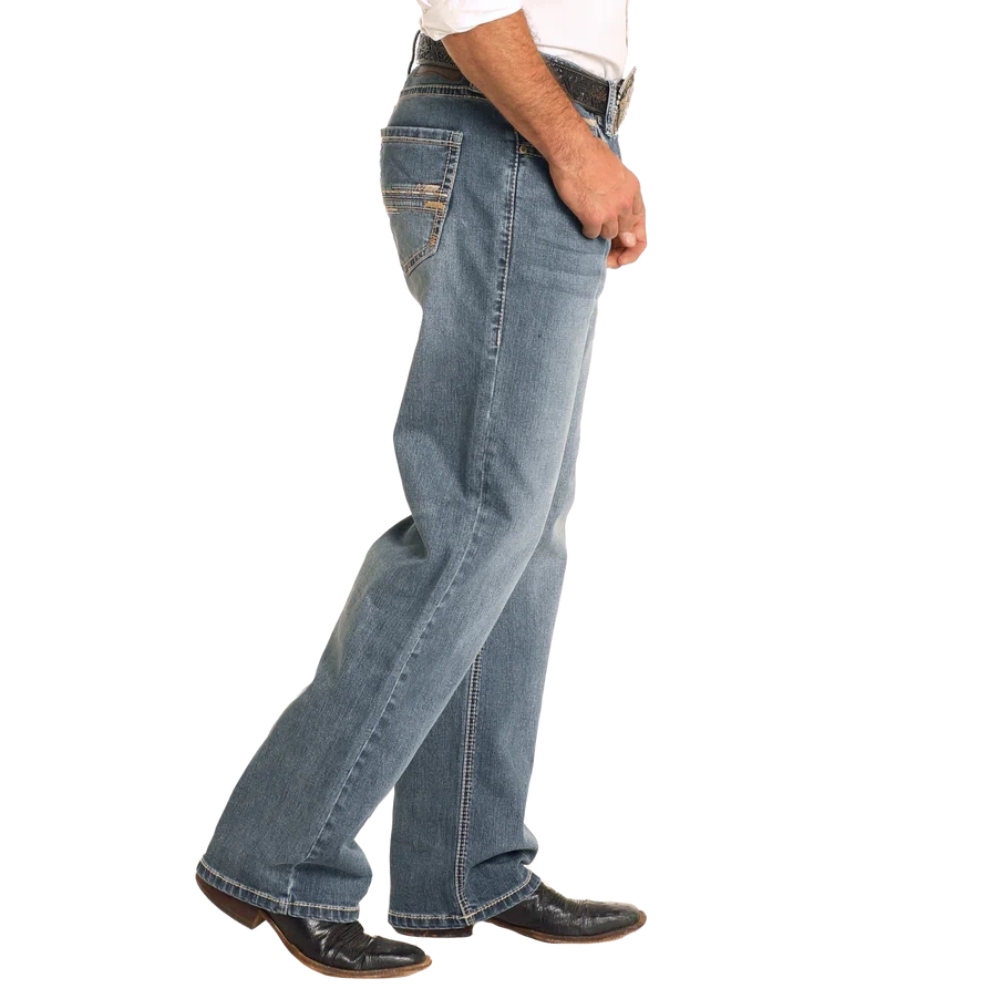Rock & Roll Men's Relaxed Fit Straight Stitch Double Barrel Boot  Jean- Medium Wash