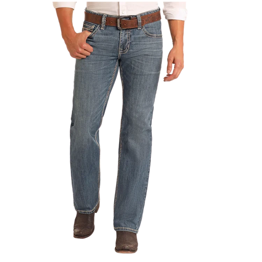 Rock & Roll Men's Regular Fit Cross Stitch Straight Let Jeans- Medium Wash