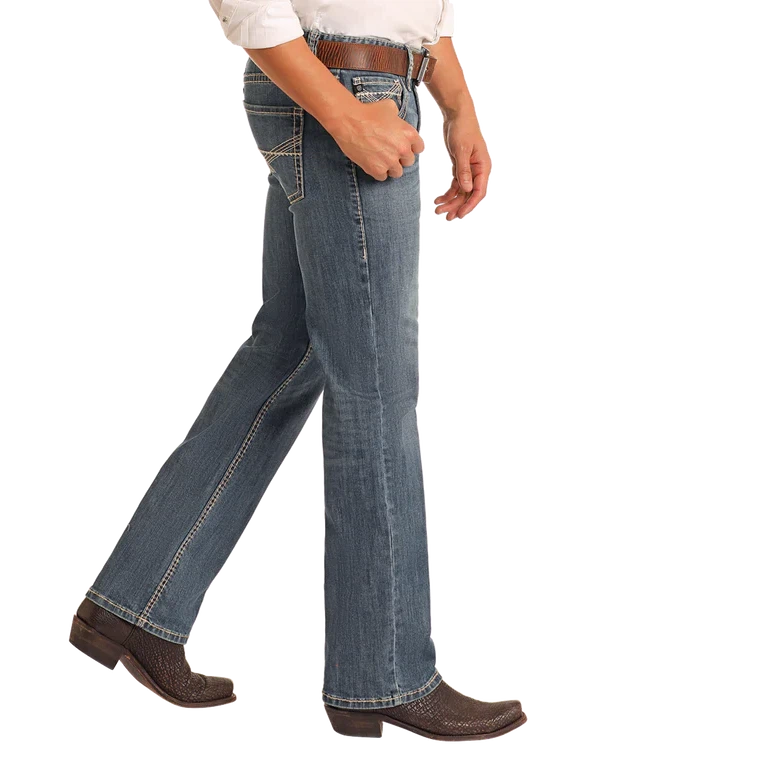 Rock & Roll Men's Regular Fit Cross Stitch Straight Let Jeans- Medium Wash