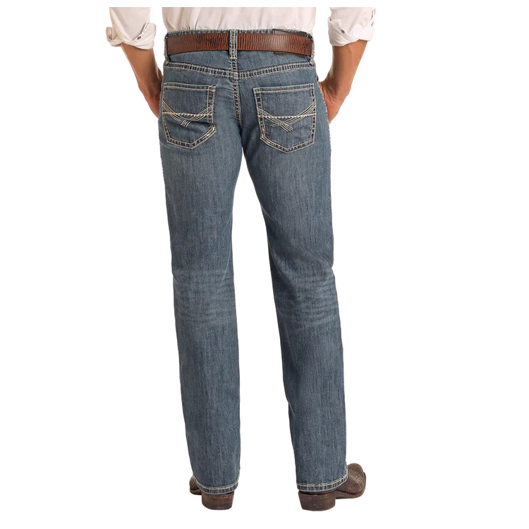 Rock & Roll Men's Regular Fit Cross Stitch Straight Let Jeans- Medium Wash