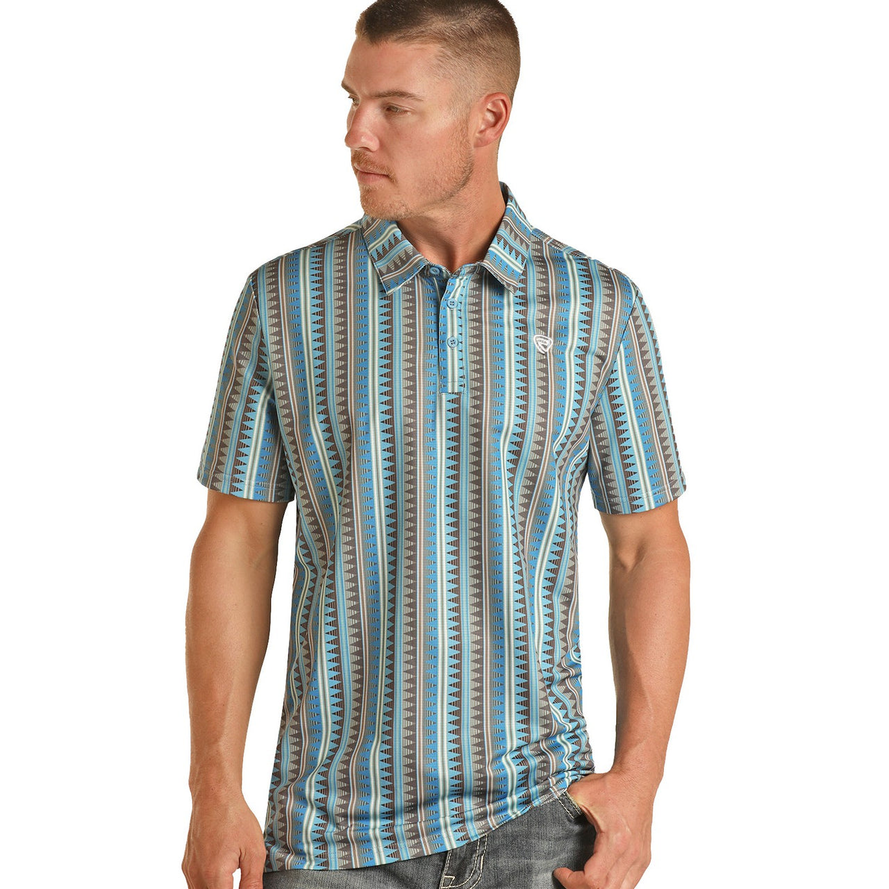 Rock & Roll Men's Aztec Stripe Polo Button-Down Shirt - Turquoise