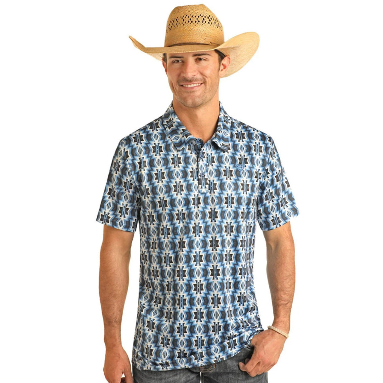 Rock & Roll Men's Printed Aztec Polo- Blue/White/Charcoal