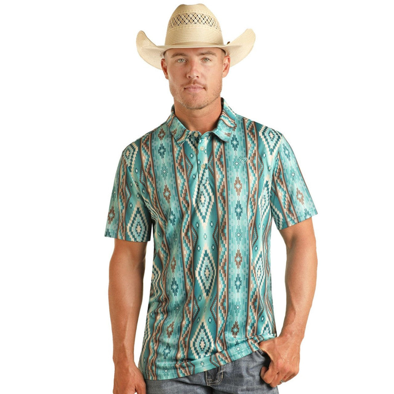 Rock & Roll Men's Cowboy Aztec Polo Shirt - Turquoise/Tan Aztec Stripe Print