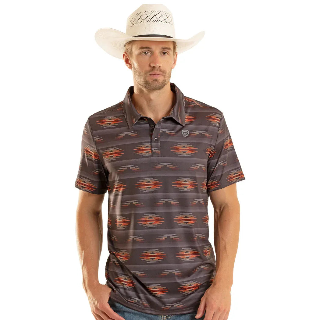 Rock & Roll Mens Tribal Aztec Printed Short Sleeve Polo Shirt - Charcoal
