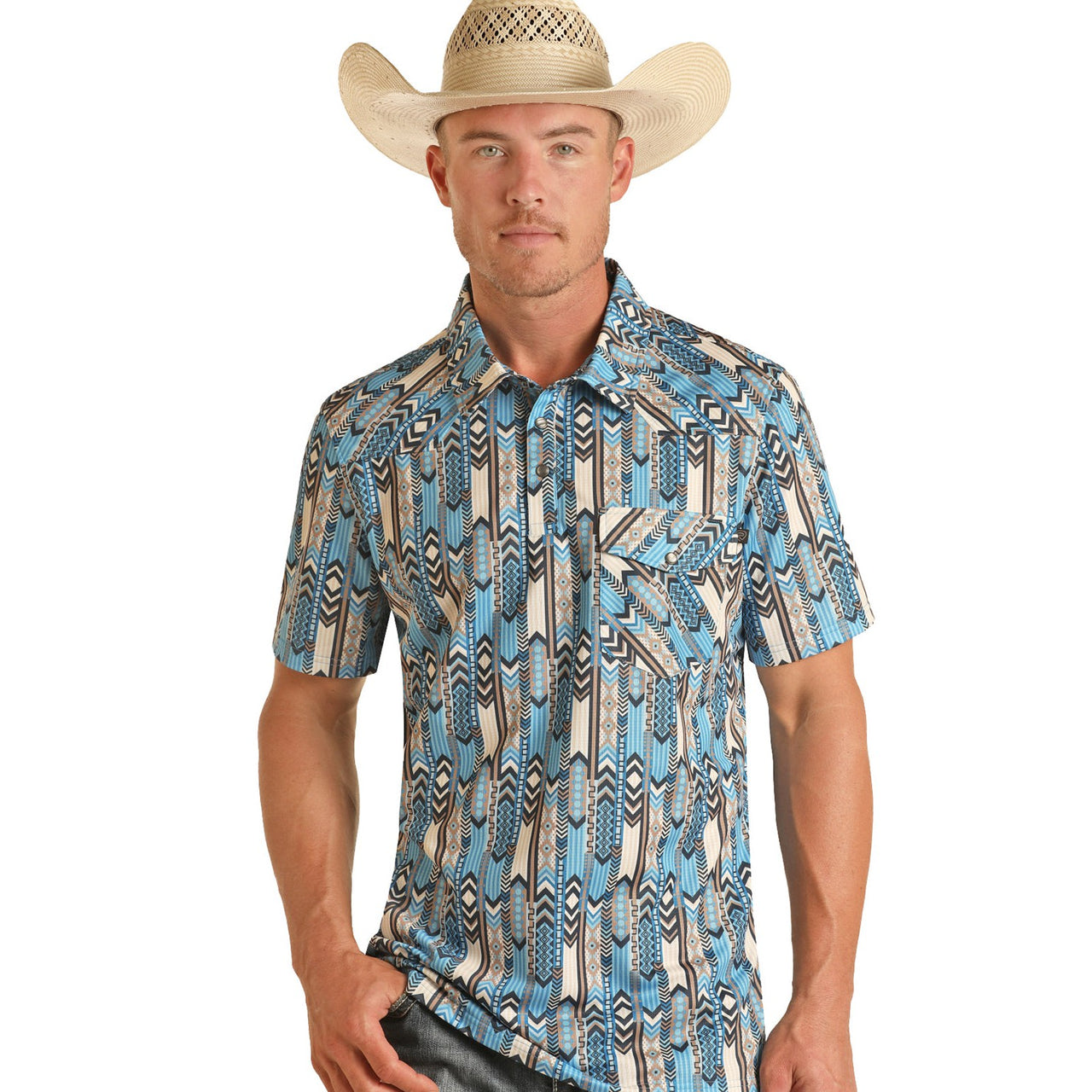 Rock & Roll Men's Printed New Body Button-Down Polo Shirt - Turquoise