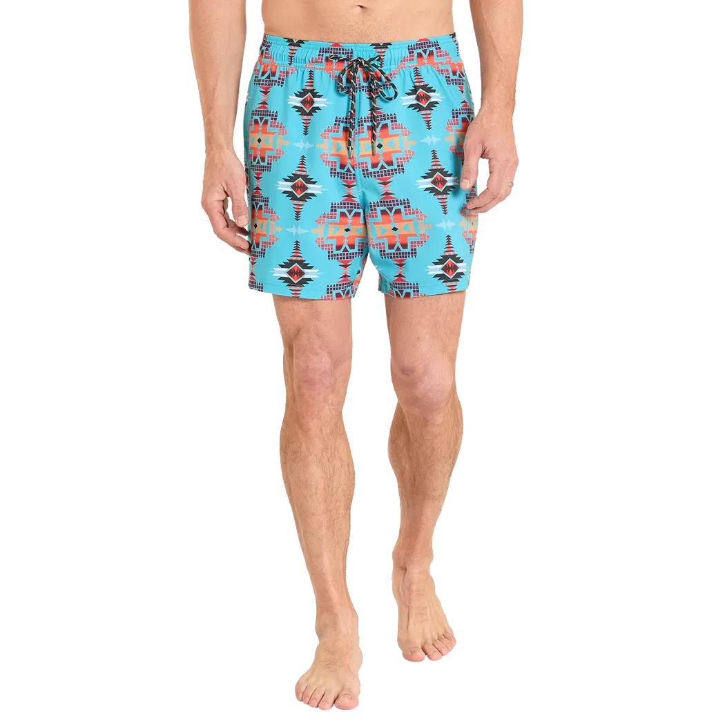Rock & Roll Men's Aztec Print w/Lining Swim Volley Trunks - Turquoise