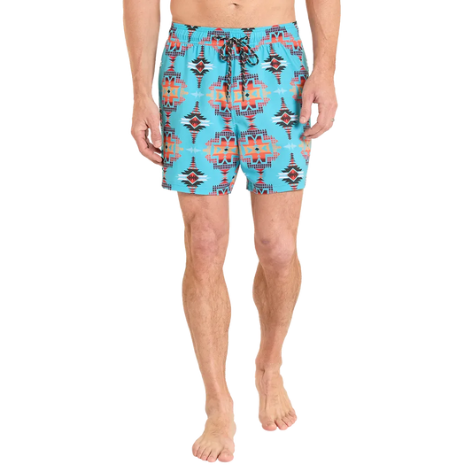 Rock & Roll Men's Aztec Print w/Lining Swim Volley Trunks - Turquoise