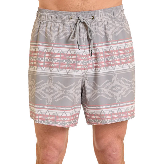 Rock & Roll Men's Aztec Print w/Lining Swim Volley Trunks - Taupe