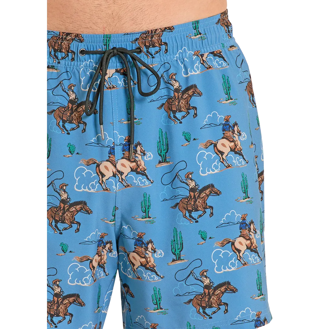 Rock & Roll Men's Desert Cowboy Novelty w/Lining Swim Volley Trunks - Blue