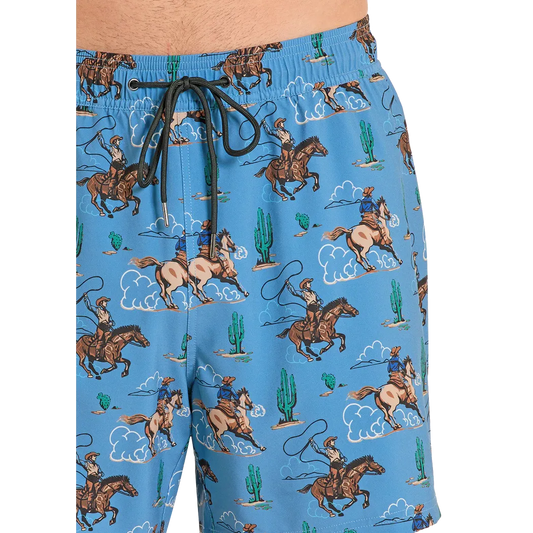 Rock & Roll Men's Desert Cowboy Novelty w/Lining Swim Volley Trunks - Blue
