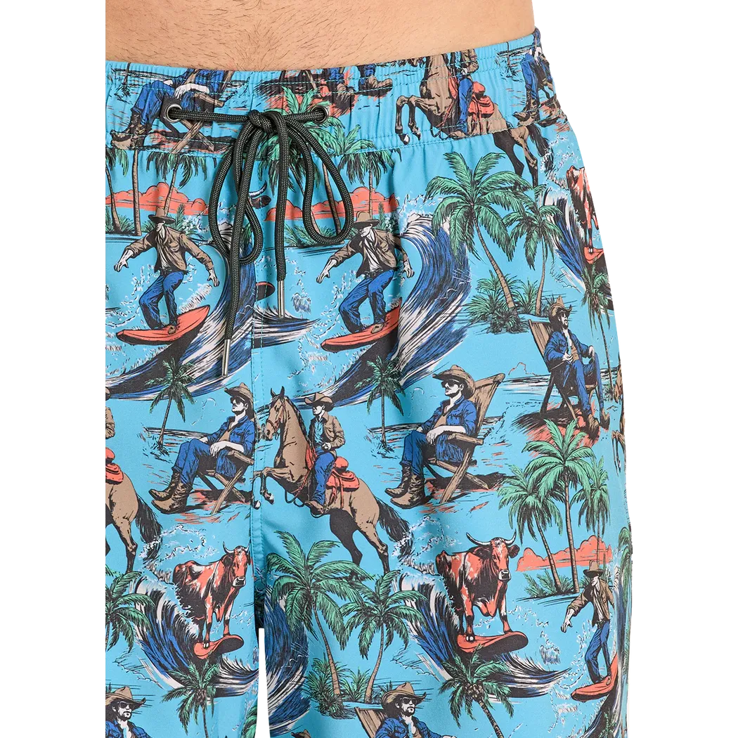 Rock & Roll Men's Tropical Cowboy Novelty Print w/Lining Swim Volley Trunks - Turquoise