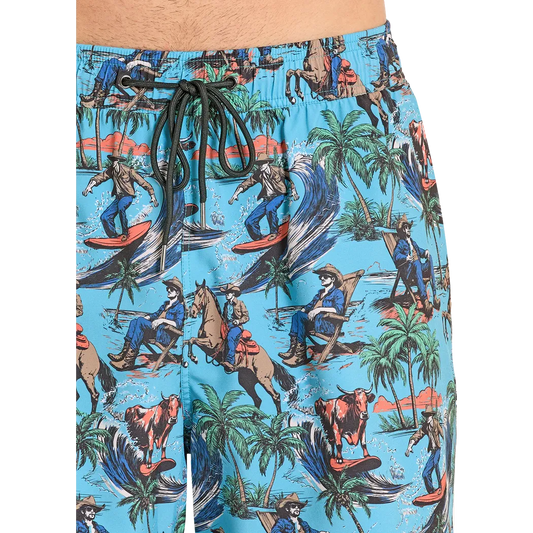 Rock & Roll Men's Tropical Cowboy Novelty Print w/Lining Swim Volley Trunks - Turquoise