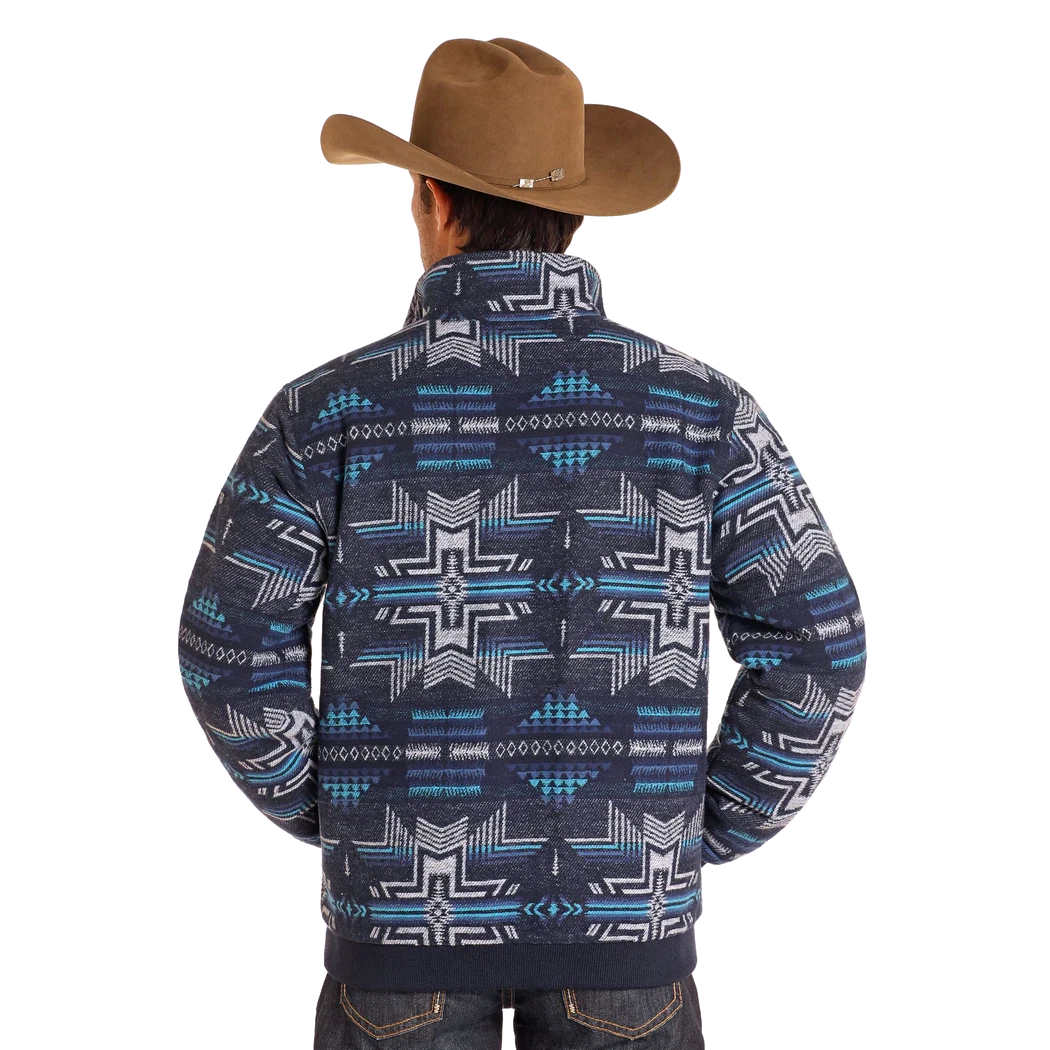 Rock & Roll Men's Long Sleeve Aztec Jacquard Bomber Jacket- Blue