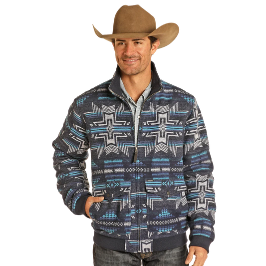 Rock & Roll Men's Long Sleeve Aztec Jacquard Bomber Jacket- Blue