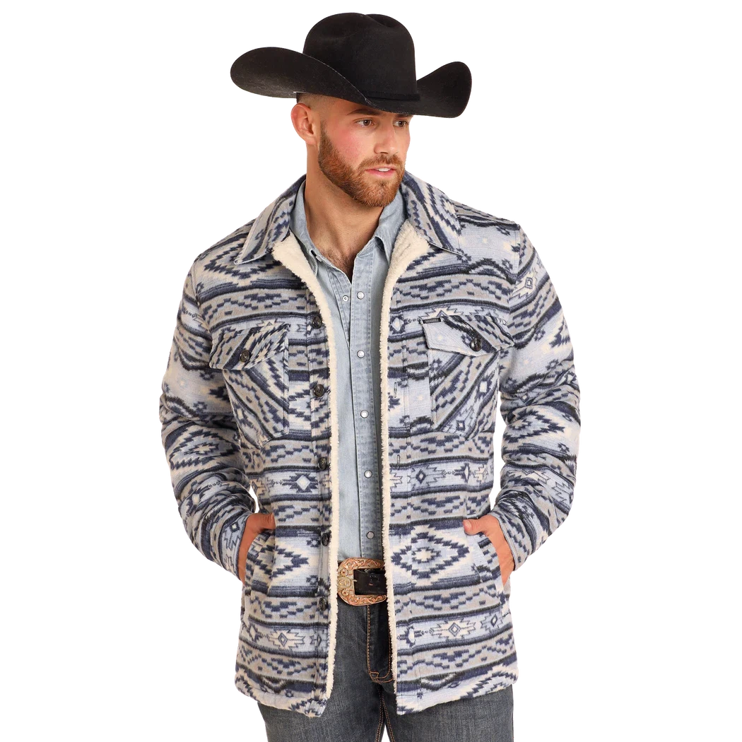 Rock & Roll Men's Long Sleeve Aztec Brushed Aztec Shirt Jacket- Blue