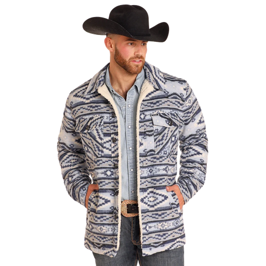 Rock & Roll Men's Long Sleeve Aztec Brushed Aztec Shirt Jacket- Blue