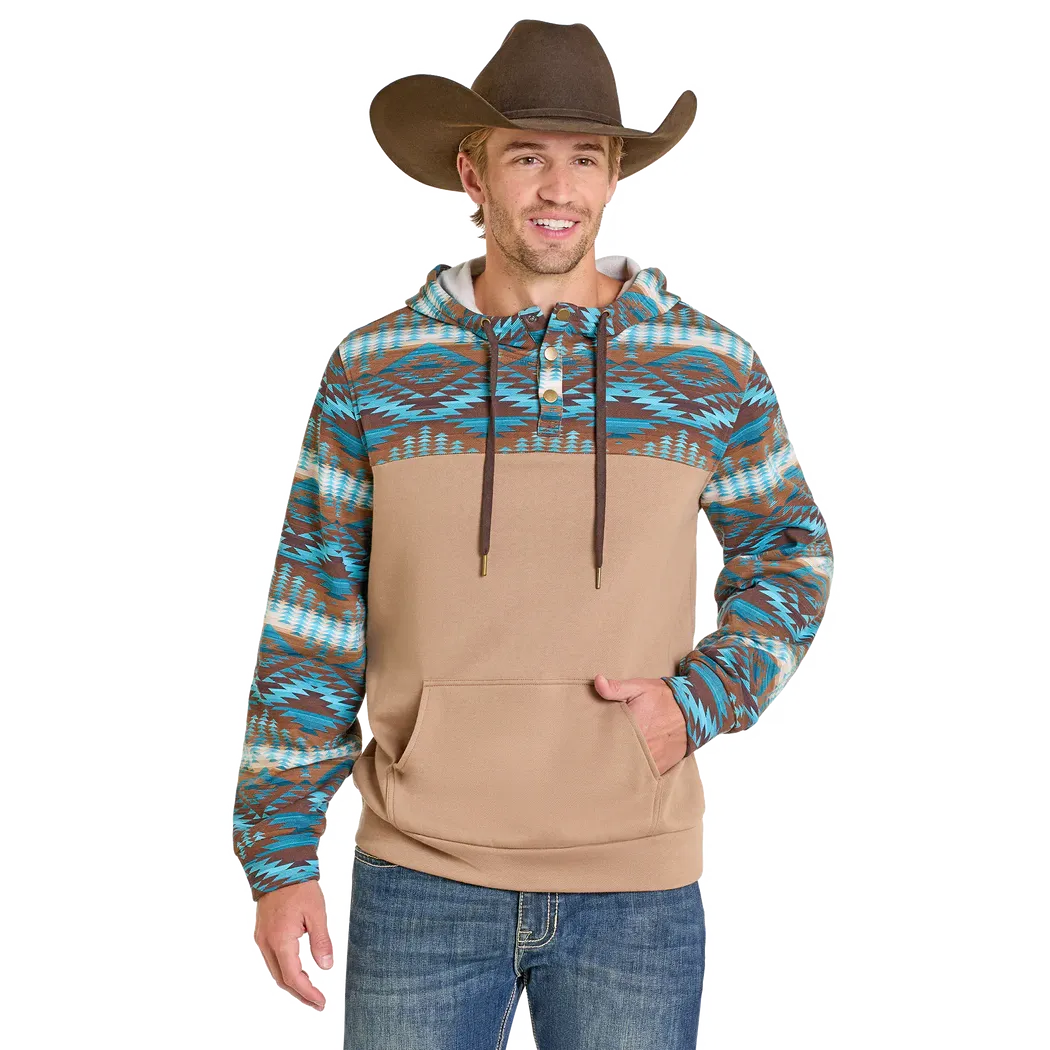 Rock & Roll Men's Aztec Color Block Henley Hoodie - Tan