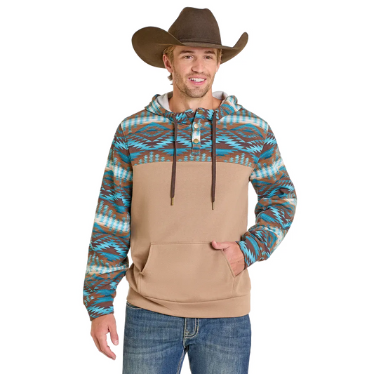 Rock & Roll Men's Aztec Color Block Henley Hoodie - Tan