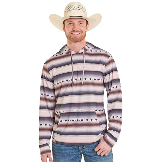 Rock & Roll Men's Mesh Performance Aztec Stripe Long Sleeve Hoodie - Cream
