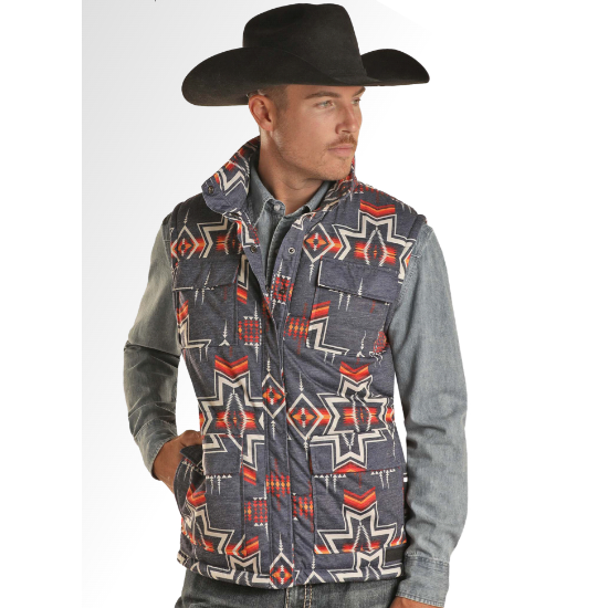 Rock & Roll Men's Printed Melange Puffer Vest - Indigo