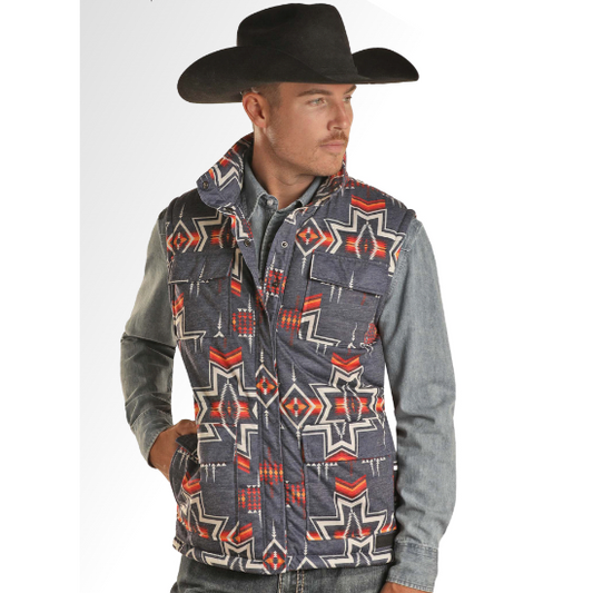 Rock & Roll Men's Printed Melange Puffer Vest - Indigo