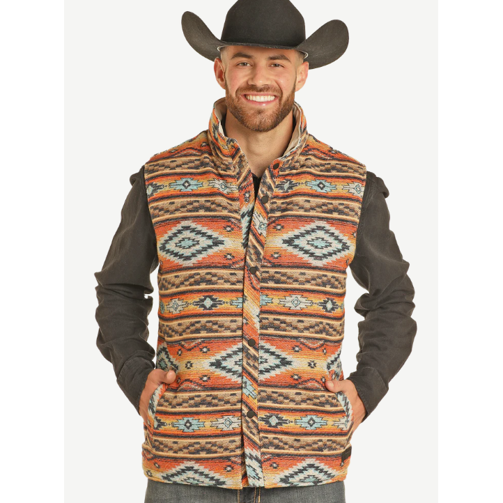 Rock & Roll Men's Reversible Aztec Printed Vest- Orange/Tan