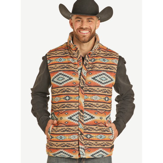 Rock & Roll Men's Reversible Aztec Printed Vest- Orange/Tan