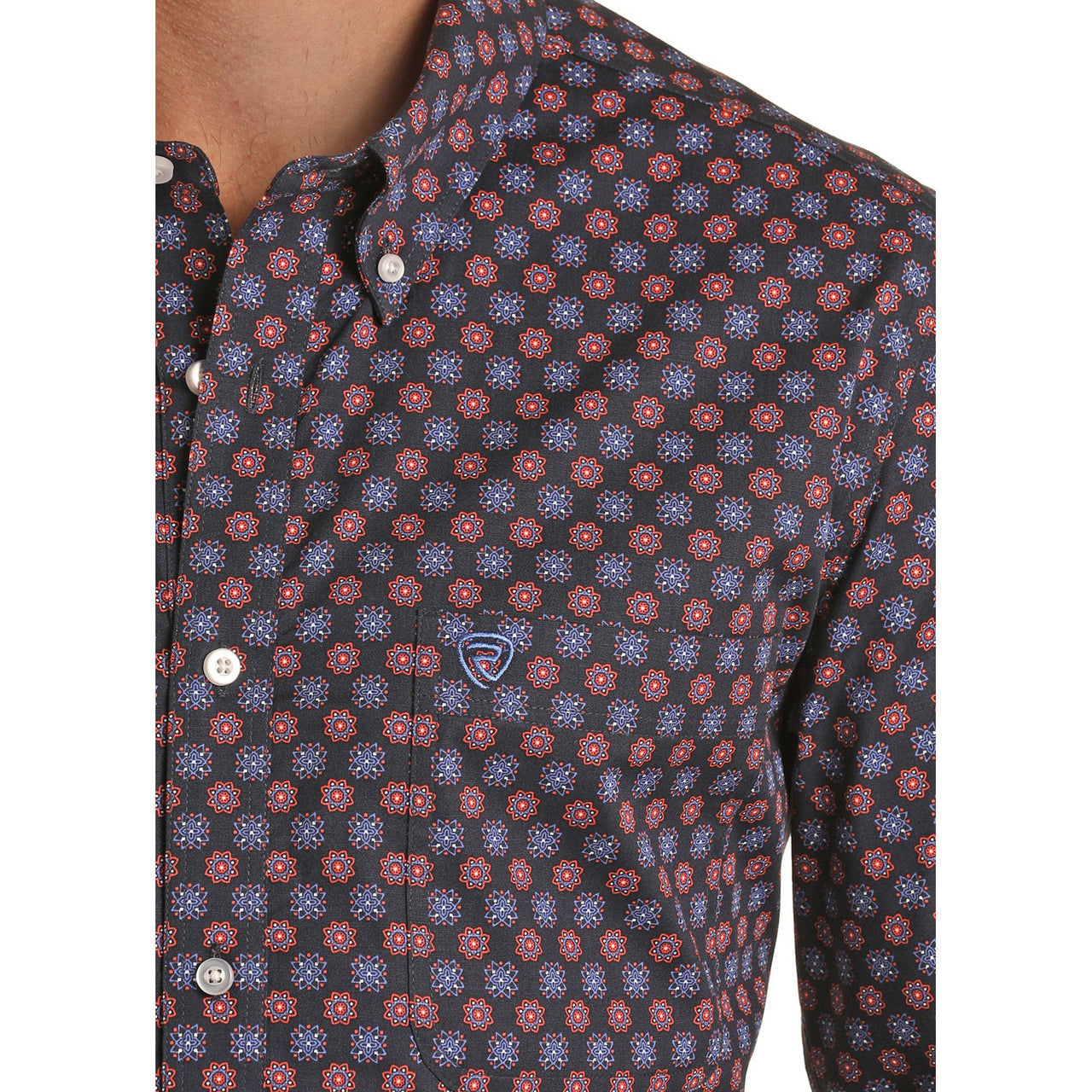 Rock & Roll Men's Long Sleeve 1 Pocket Ditzy Geometric Button Down Shirt - Blue