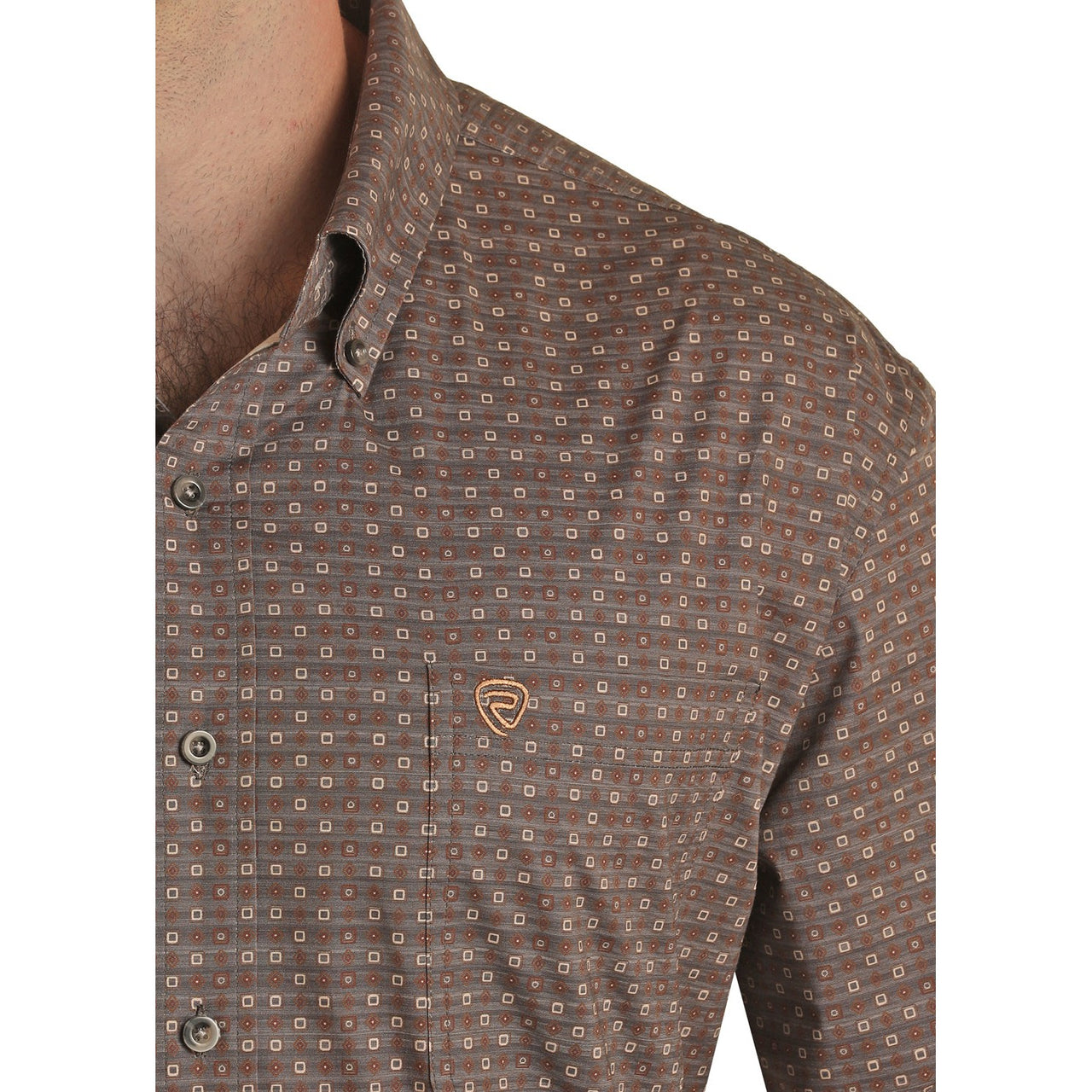 Rock & Roll Men's Long Sleeve 1 Pocket Ditsy Geometric Button-Down Print - Dark Brown