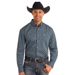 Rock & Roll Men's Long Sleeve 1 Pocket Medallion Printed Button-Down Shirt - Blue