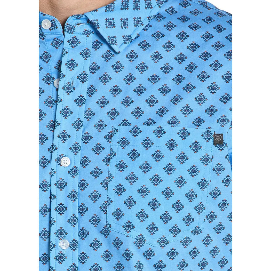 Rock & Roll Men's Mini Tek Western Aztec Print Short Sleeve Shirt - Sky Blue