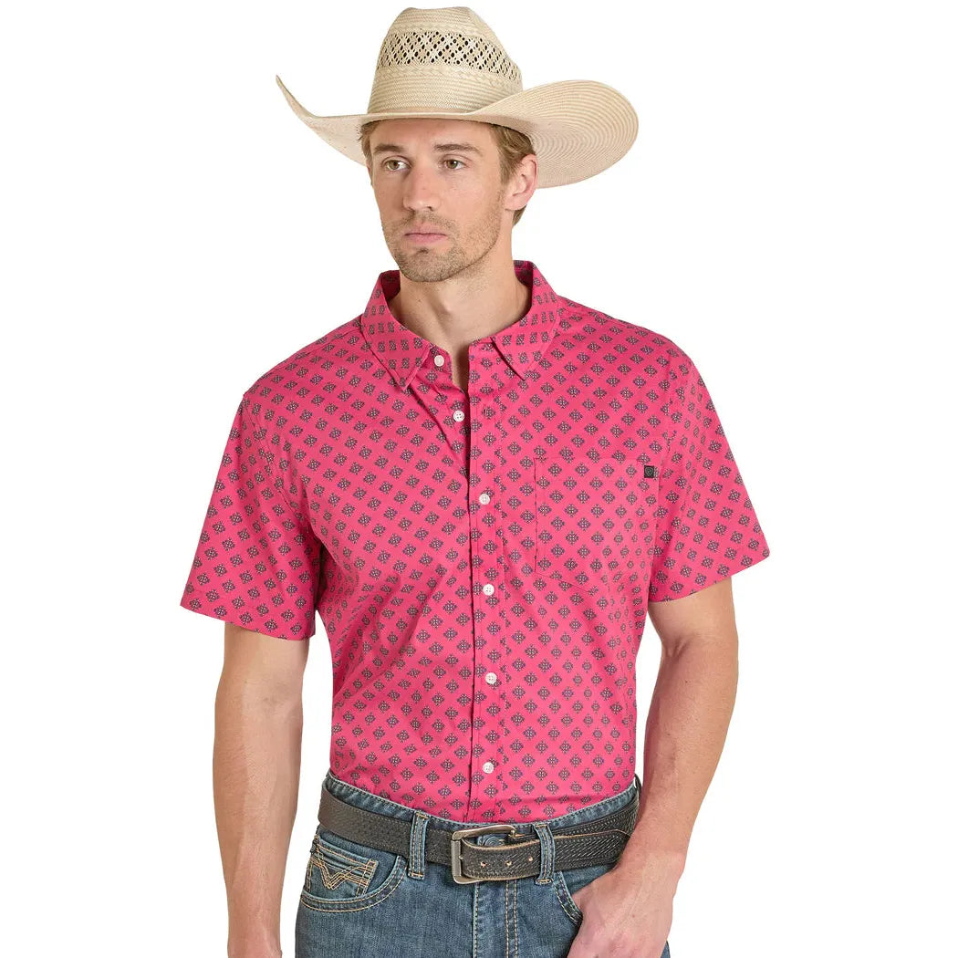 Rock & Roll Men's Mini Tek Western Aztec Print Short Sleeve Shirt - Fuchia