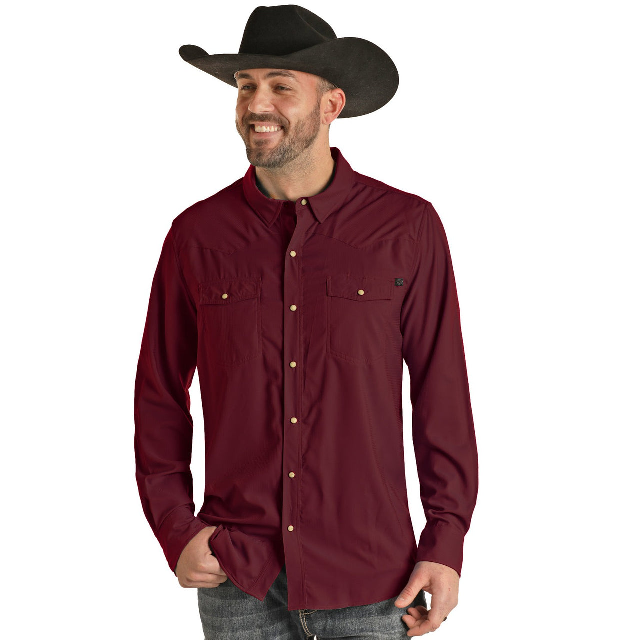 Rock & Roll Men's Long Sleeve 2 Pocket Solid Ripstop Snap Shirt - Maroon