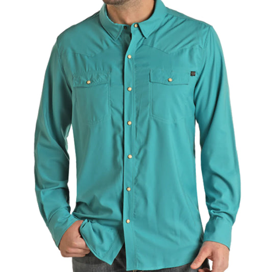 Rock & Roll Men's Tek Long Sleeve 2 Pocket Solid Ripstop Snap Shirt - Peacock