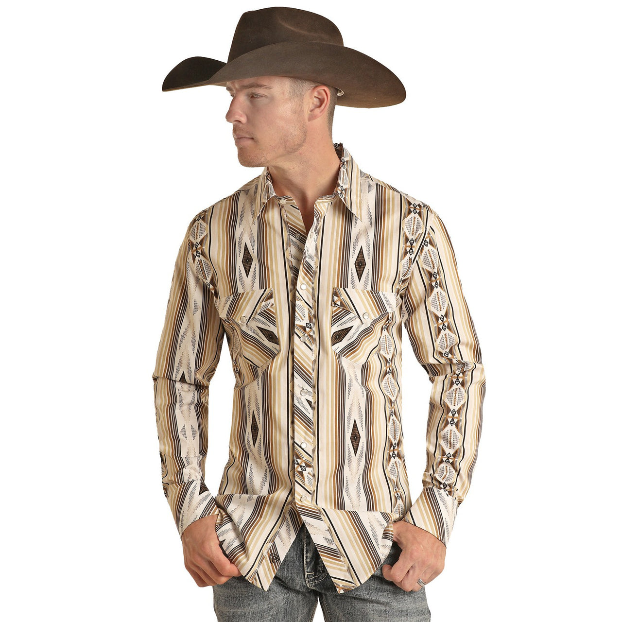 Rock & Roll Men's LS 2 Pocket Aztec Vintage Stripe Snap Shirt - Tan