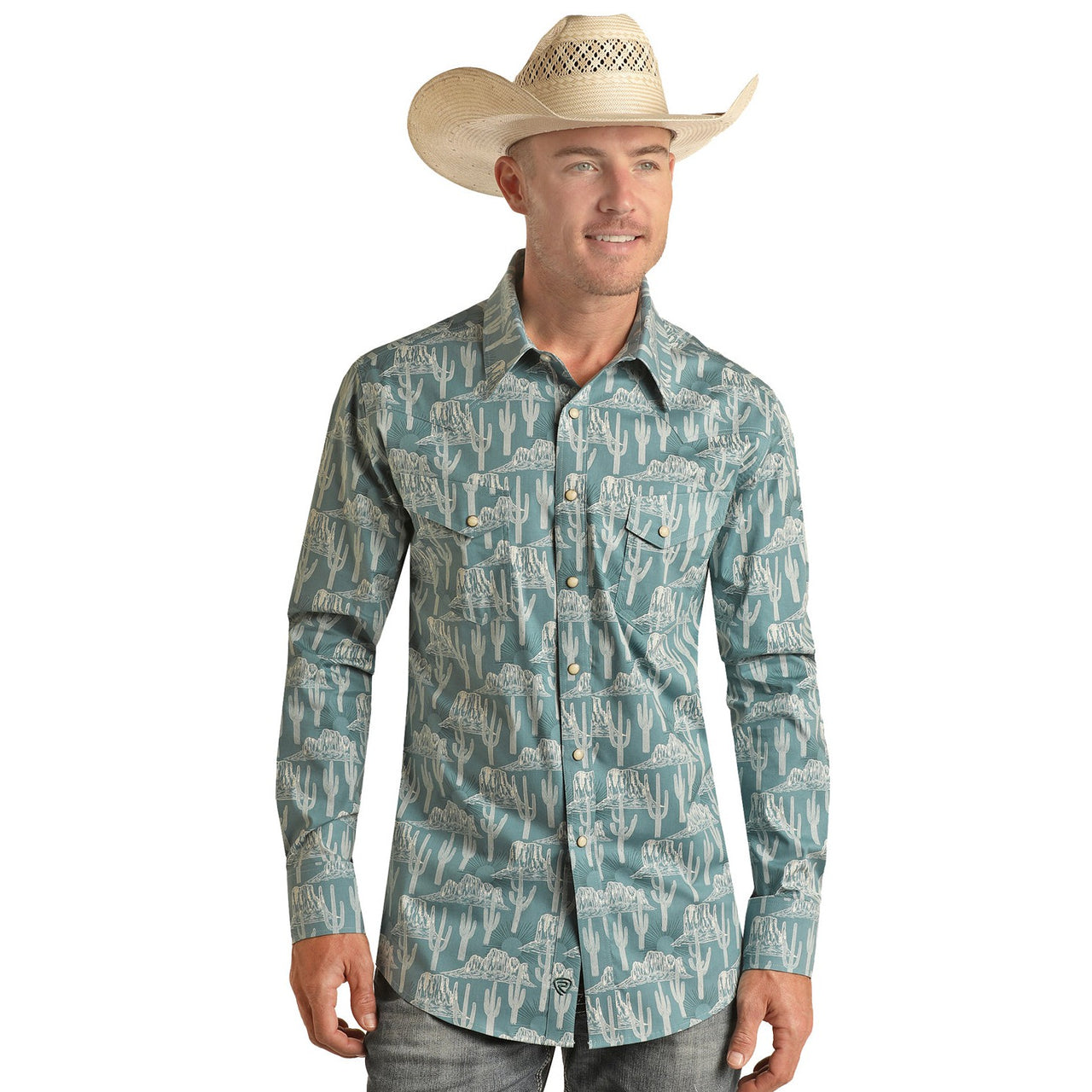 Rock & Roll Men's Long Sleeve 2 Pocket Sunburst Snap Shirt - Turquoise